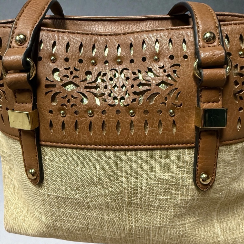 Nicole Miller Tan Sparkly Linen & Faux Leather Laser-Cut Tote Handbag - Picture 2 of 14